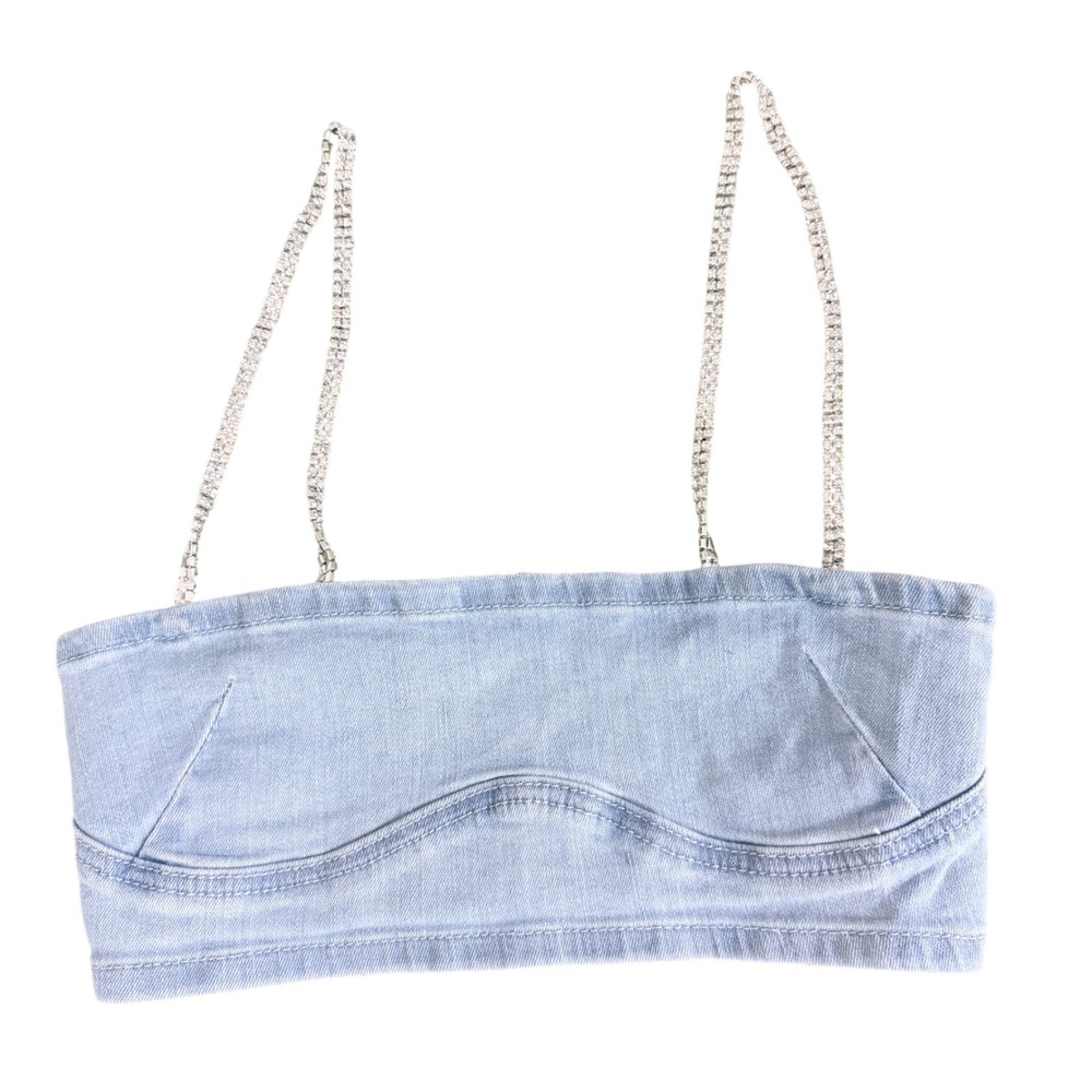NEW Bershka Denim Rhinestone Strap Bra Top Light Wash Blue XS